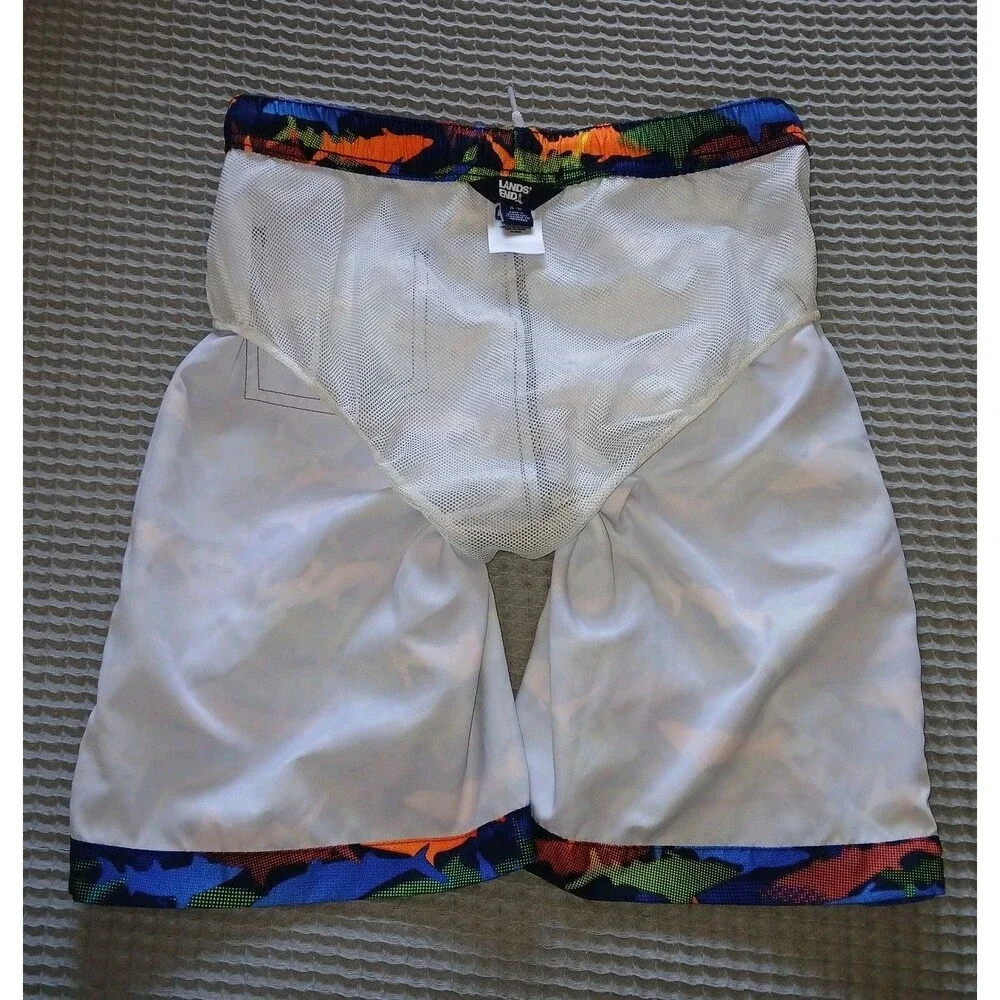 LANDS END Boys XL 14/16 Swim Trunks Mesh Lining Beach Colorful Shark Pattern